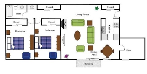 Floor plan for 2 beds, 1 bath, 1132 sqft
